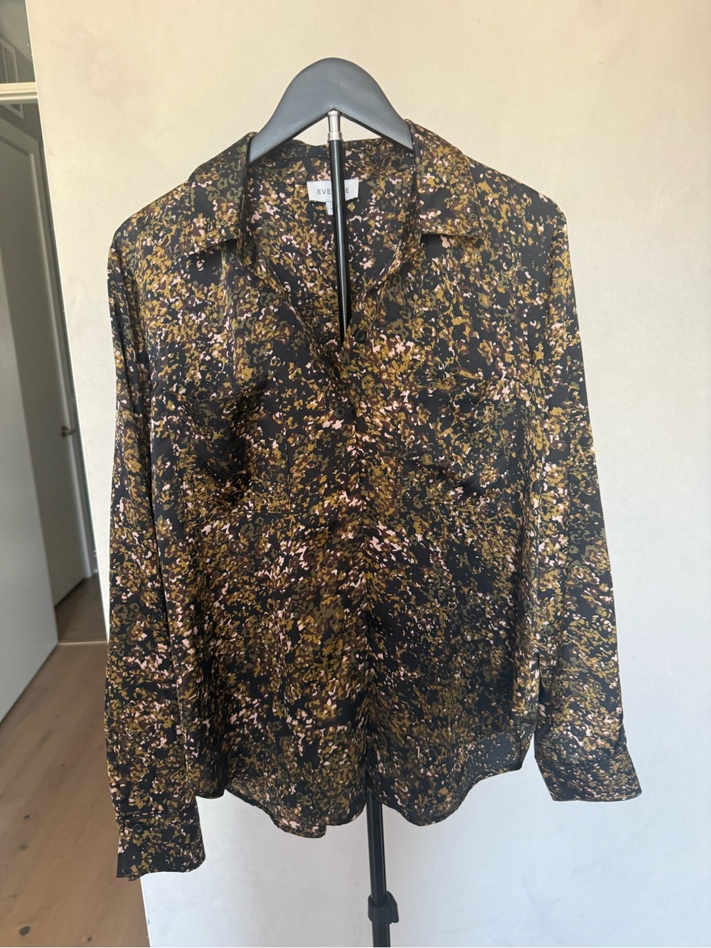 Evereve Black Button-Down Shirt with Gold and Pink Speckle Print
